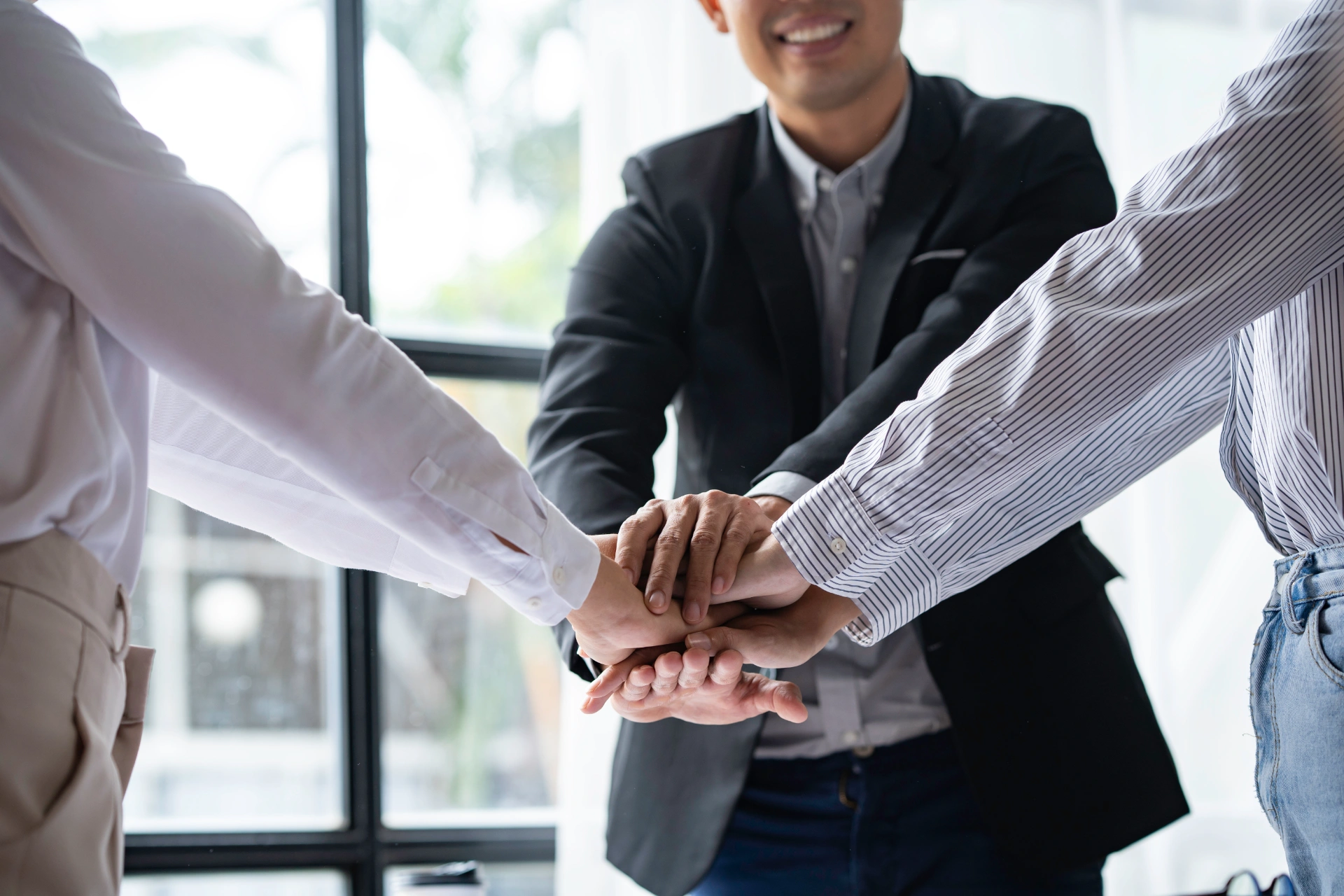 Business executives people doing hand stack after meeting, Group of Business People Diverse Brainstorm Meeting Concept, Teamwork concept